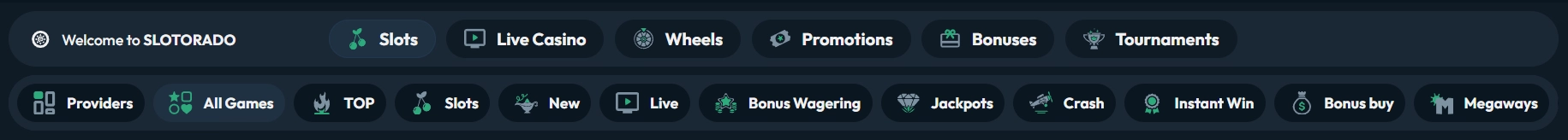 Game category filters and lobby navigation at Slotorado online casino