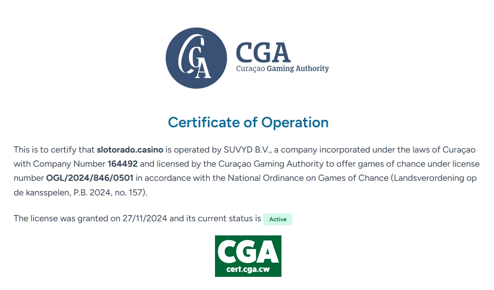 Slotorado Casino Curaçao Gaming Authority licence certificate