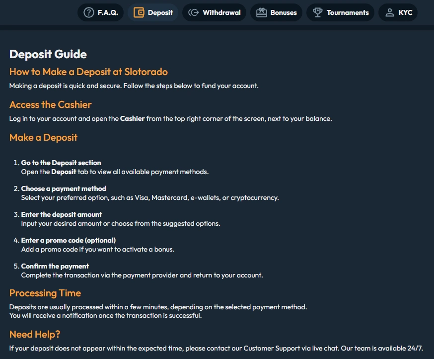 Slotorado Casino deposit guide and payment instructions