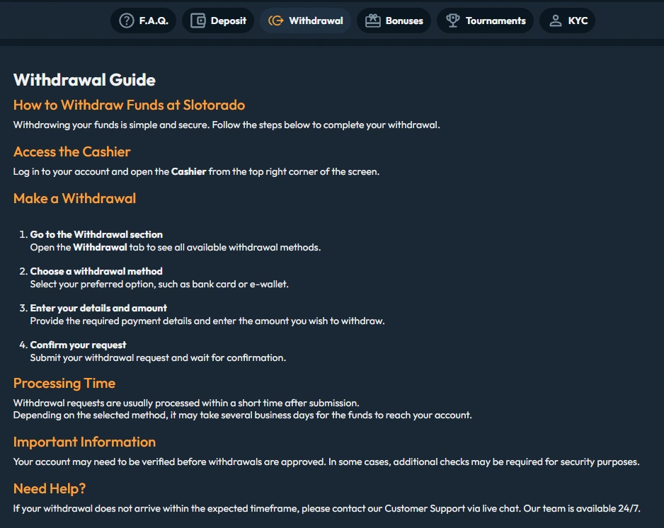 Slotorado Casino withdrawal guide and verification process