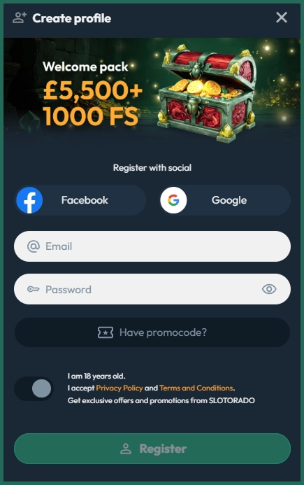 Account registration form at Slotorado online casino